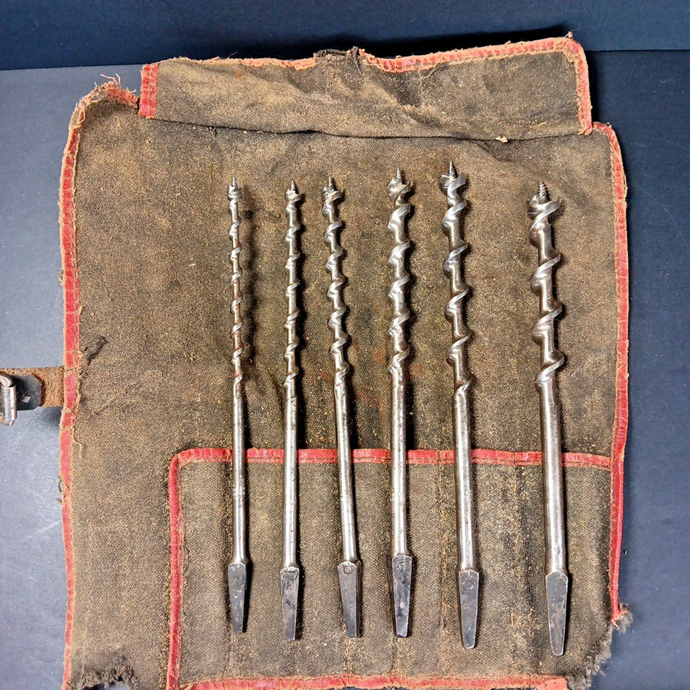 Alfrid Sheffield Lot Of 6 Auger Wood Drill Bits And Vintage Cloth Case England